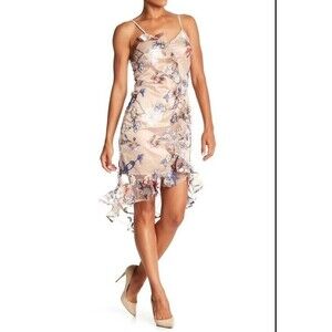 ABS Collection Dress‎ Size 8 Sheer Lined Tan Floral Sexy Boho Classy Party Date